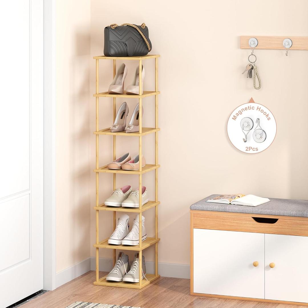 Bamboo Free Standing Shoe Rack Shelf Multi Tier Tall Wooden Stackable Shoes Rack Organizer for Closet Front Door Entrance Narrow Vertical Shoe Storage (Bamboo, 7 Tiers)