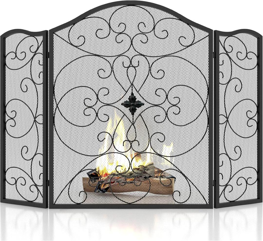 Fireplace Screen 3 Panel Wrought Iron 50"(L) x 36"(H) Modern Stylish Foldable Safety Fire Place Fence Spark Guard Cover Black