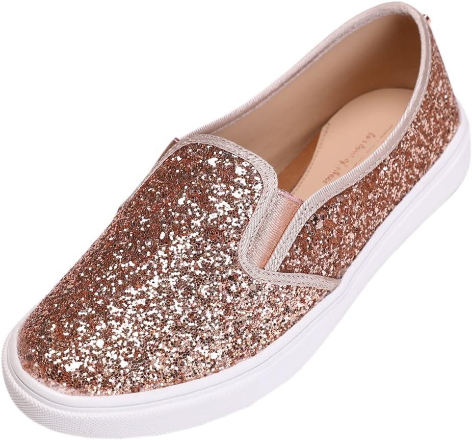 FEVERSOLE Women's Fashion Slip-On Sneaker Casual Flat Loafers (6.5, Rose Gold Glitter)