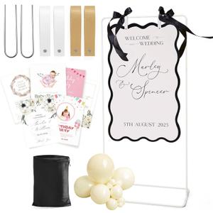 Wedding Welcome Sign Stand, Welcome to our Wedding Sign Holder, White Easel Stand for Sign Poster With Design Bundle & Ground Stakes & Leather Sign Hanging Straps, Linen Sign Stand for Wedding Decor