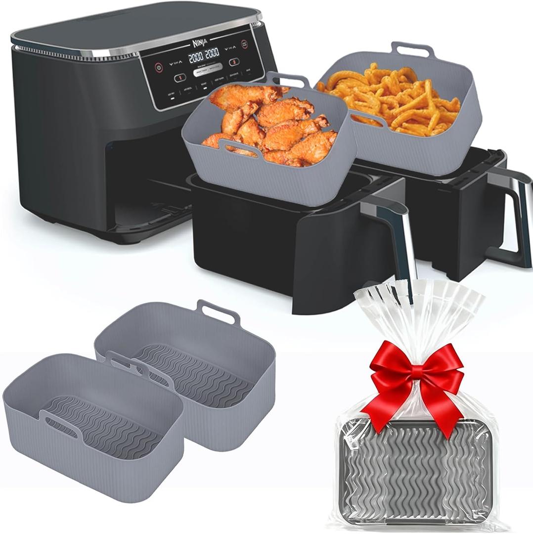 Silicone Air Fryer Liners for Ninja - Reusable DZ201 8QT Dual Basket - Rectangular 2-Pack Vacuum-Packed Easy-Clean Dishwasher-Safe Food-Safe for Home Chefs - Christmas & Housewarming Gifts (Gray)