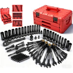 Premium 132-Piece Mechanics Tool Set, SAE/Metric 1/4" & 3/8" Drive Socket Set, Ratcheting Wrenches, Extensions & Adapters, Quick-Release Ratchet, Professional Auto Repair Tool Kit with Storage Case