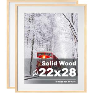Egofine 22x28 Solid Wood Poster Frames Matted for 18x24 Set of 2 Natural Wood - with Acrylic Plexiglass Front, Hanging Picture Frames Vertically or Horizontally