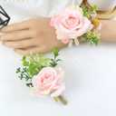 Meldel Wrist Corsage and Boutonniere Set(2pcs), Artificial Silk Rose Pink Wrist Flower for Bride Bridesmaids, Boutonniere for Groom Best Man Wedding Flower Accessories Prom Ceremony Party Decor