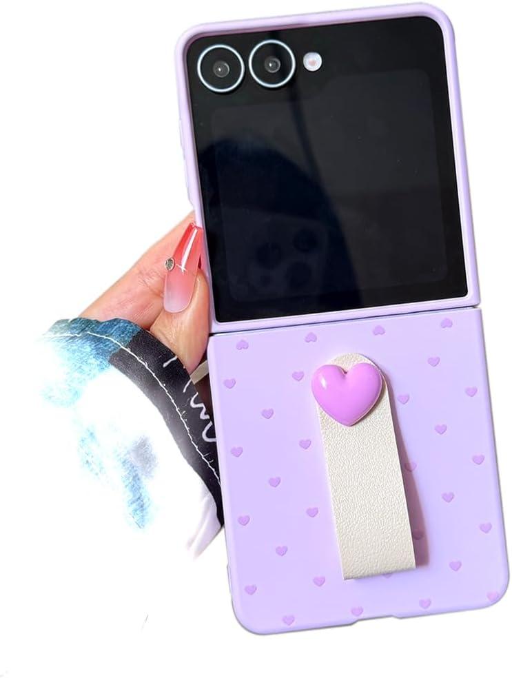 Cute Case for Galaxy Z Flip 7 Small Love Heart Print, Trendy Lovely Girls Protective Cover Kawaii PU Holder, Woman Hard PC Aesthetic Case for Z Flip 7 -Purple