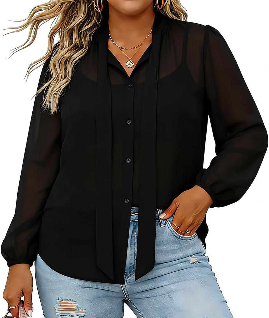 Womens Plus Button Down Shirts Chiffon Long Sleeve Tops for Women Bow Tie Neck Blouse Elegant Business Casual Outfits, XL