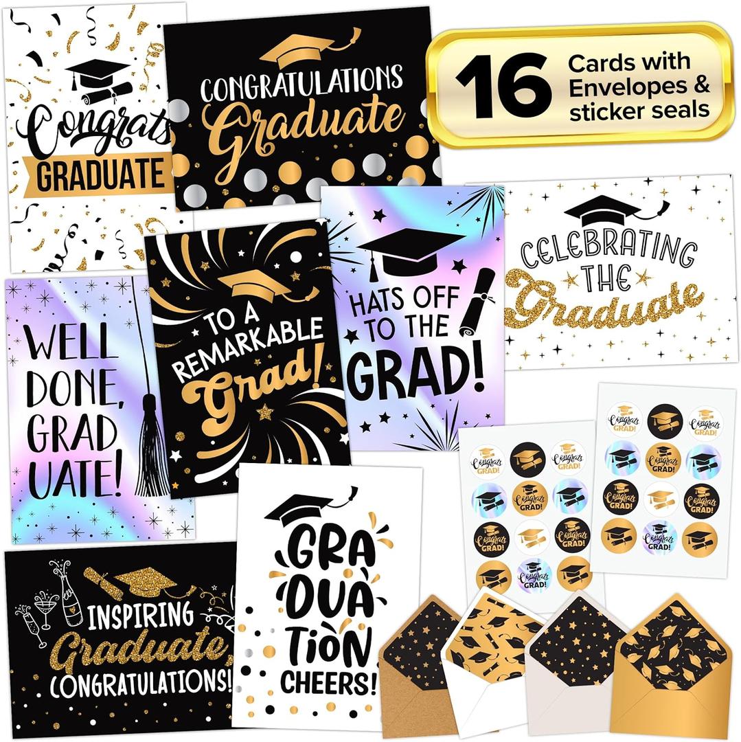 Decorably 16 Pack Foiled, Glittery, & Holographic 5x7in Graduation Cards Pack with Envelopes & Stickers, 8 Elegant Designs for Elementary, High School, College, with Printed Message, Gifting & Mailing