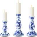 Soaoo Set of 3 Blue and White Porcelain Ceramic Pillar Candle Holder Chinoiserie Pillar Candle Holders Candlestick Decoration for Wedding Party Fireplace Table Home Centerpiece
