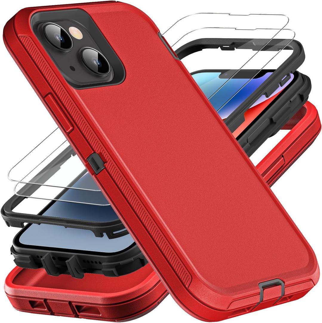 YKHJKLEC for iPhone 13/iPhone 14, Military Grade 3 in 1 Heavy Duty Shockproof/Drop Proof/Dust Proof Case with 2Pcs Tempered Glass Screen Protector (Red/Black)
