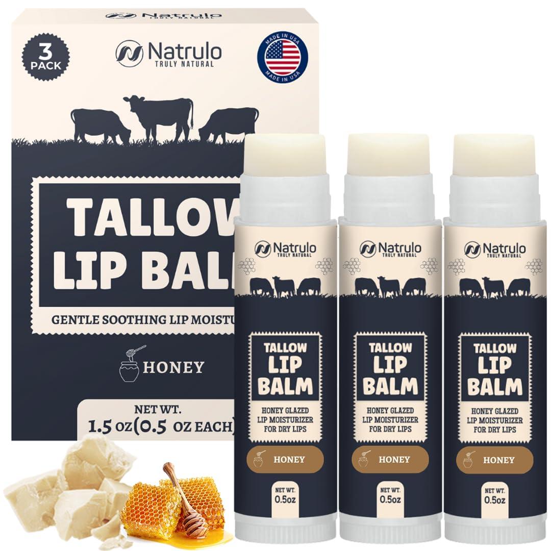 Beef Tallow Lip Balm Natural Tallow Beeswax Chapstick Hydrating Moisturizer Grass Fed Bison Tallow Balm Lip Care Soothes Chapped Dry Lips, Sensitive Skin Long Lasting Vitamin Rich USA-Made 3Pk