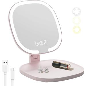 Rechargeable LED Travel Makeup Mirror, 3-Color Lighting, Dimmable Touch Screen, Multi Angle Adjustable, Foldable and Portable Desktop Vanity Mirror with Storage Tray (Pink)