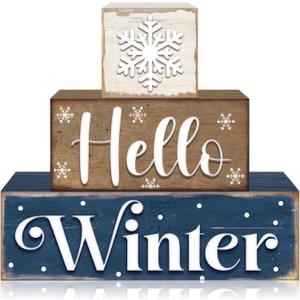 3 Pcs Winter Let It Snow Tiered Tray Decor Table Sign Winter Theme Wood Decorations Centerpiece Decor for Party Gift Desk(Snowflake Style)