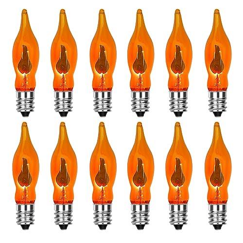 12 Pack Flicker Flame Light Bulbs, C18 Halloween Orange Flame Replacement Bulbs E12 Candelabra Base Light Bulbs for Electric Window Candles Halloween Indoor Outdoor String Lights , 1 Watt, 120 Volts 3 pack