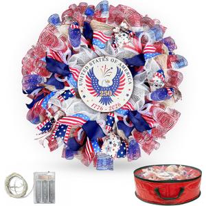 250th Anniversary Patriotic Wreaths for Front Door, 24 Inch Large 4th of July Wreath with Removable 1776-2026 Eagle Door Sign, Handcrafted Memorial Day Decorations with Light &Storage Bag
