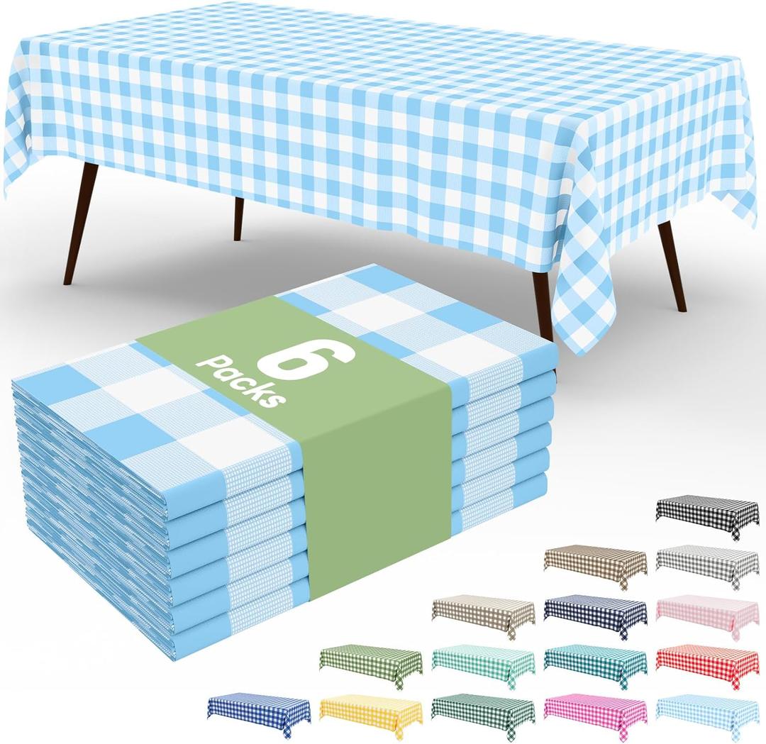 misaya 6 Packs Buffalo Disposable Table Cloth, 54 x 108 Inch Waterproof Plastic Tablecloth, Rectangle Baby Blue and White Checkered Table Covers for Picnic, Birthday, Party