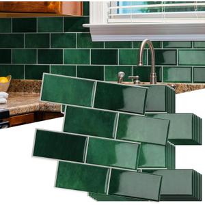 10-Sheet Thick Peel and Stick Kitchen Backsplash Tiles, 3D Subway Waterproof Self-Adhesive Wall Tile Stick on Backsplash for Kitchen and Bathroom(Dark Green,12.6"10.6")