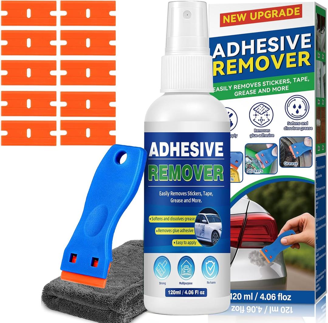 Adhesive Remover, 4.06 Oz Sticker Remover for Cars, Windows, Floor, Glue Remover with Plastic Razor Blade Scraper – Rapidly Removes Labels, Stickers, Glue, Tape, Gum, Wax (Blue)