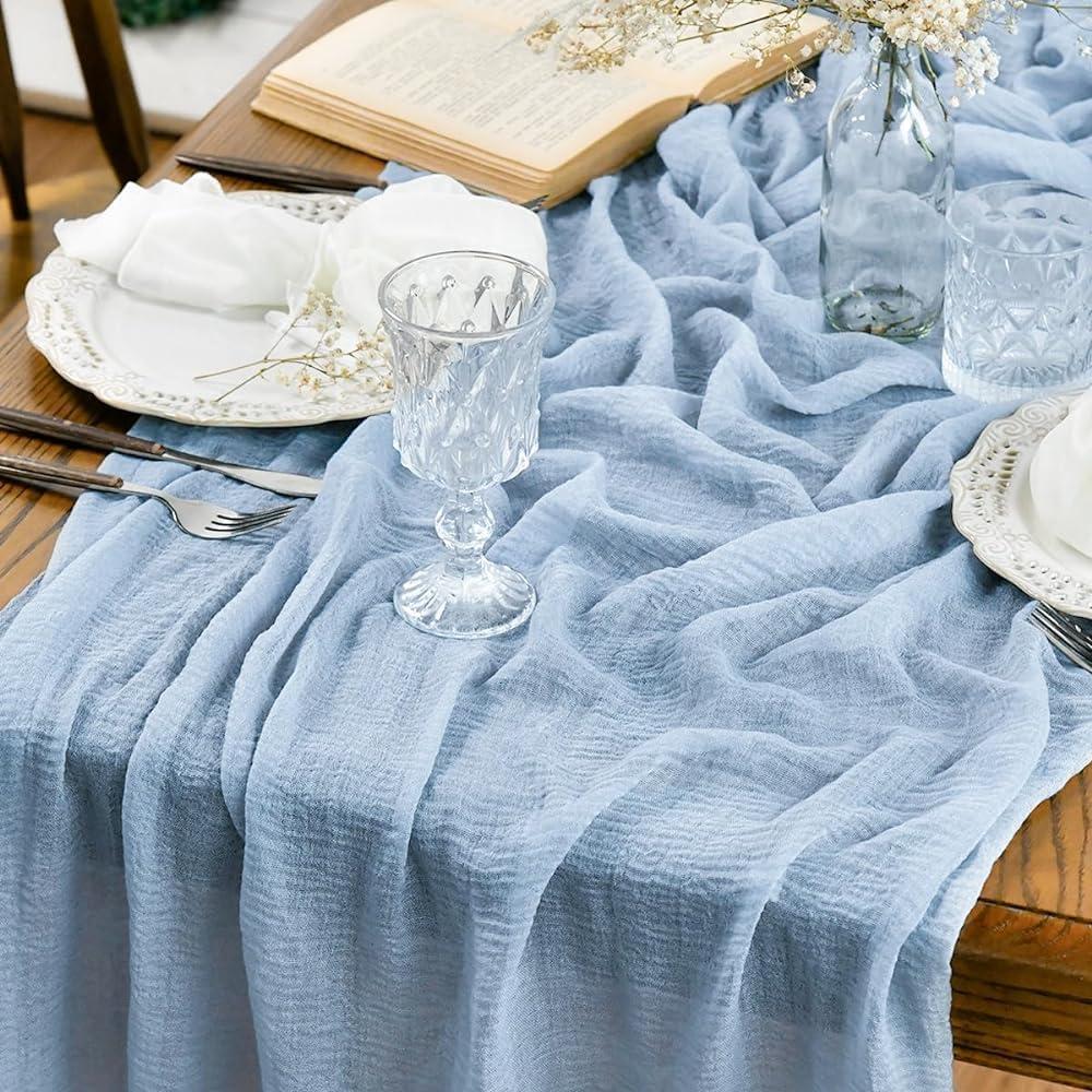 Artoid Mode Boho Cheesecloth Gauze Ice Blue Wedding Table Runner, 160 Inch Seasonal Fabric Kitchen Dining Holiday Table Decor for Home Party Indoor
