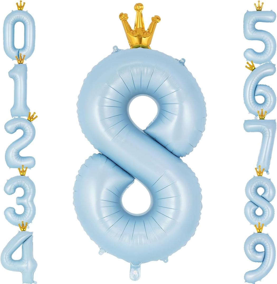 Crown Blue Number 8 Balloon 40 Inch, Big Large Foil Helium Number Balloons, Jumbo Giant Mylar Number 8 Balloons for 8 Year Old Birthday Party Decorations Supplies Anniversary Celebration