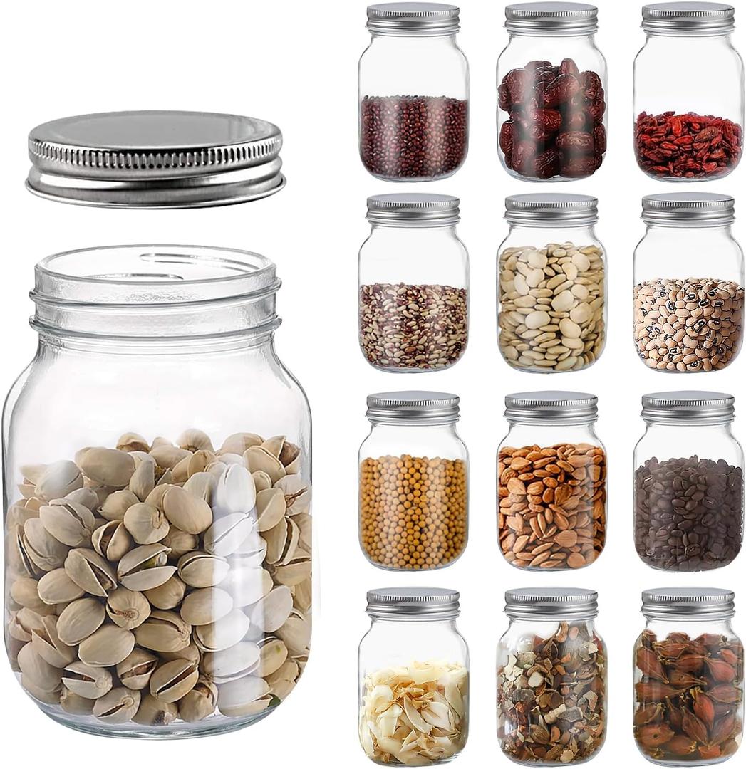 Novelinks 16 OZ Clear Plastic Mason Jars with Airtight Lids - Silver (12 PACK) for Kitchen & Household Storage