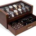 Kamier High End Watch Box for Men, 12 Slot Wooden Watch Case With Drawer, Watch Display Box with Glass Lid, 2-Layer Watch Holder for Jewelry and Watch Storage for Men Women , Ideal for Gift (With Gift Box) (Walnut)