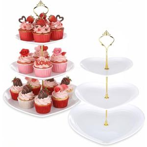 Layhit 2 Pack Wedding 3 Tier Cupcake Stand Heart Shaped 3 Tiered Serving Trays for Party Plastic Tray Dessert Cupcake Stand for Tea Party Baby Shower Wedding (White)
