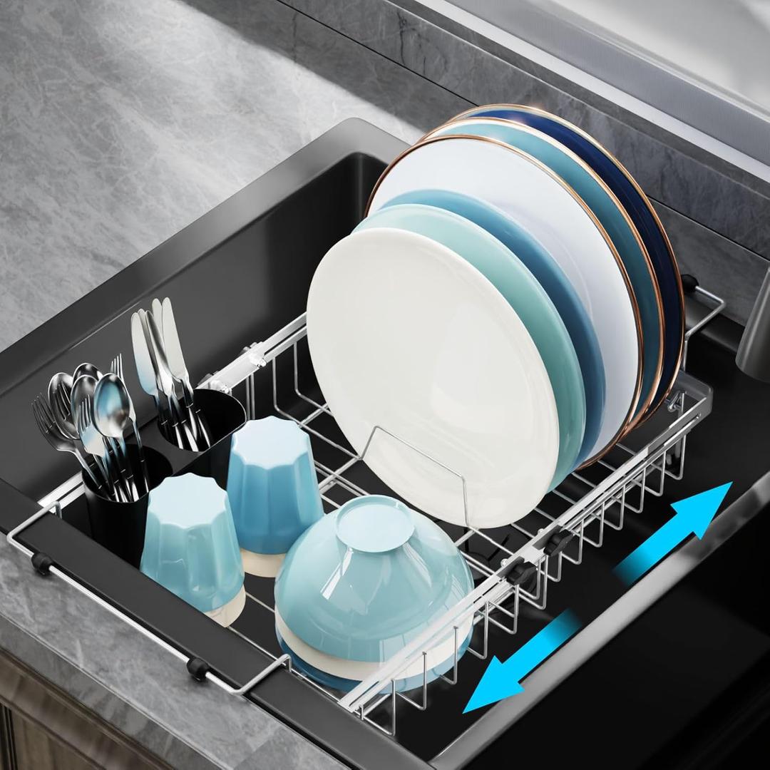 GSlife Expandable in Sink Dish Drying Rack - Capacity Adjustable Stainless Steel Over The Sink Dish Drainer with Lock Knob and Utensil Holder for Kitchen Sink, 10.8"~17.9" L x 12.7" W, Silver (Medium)