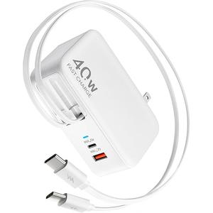 Retractable USB C Charger Wall Plug with 35.5in/90cm Type C Cables Cords,40W Fast Charging Foldable Block Multi Charger for All Devices for iPhone 17/16/15/14/13/12,iPad,Galaxy,Pixel