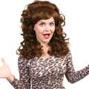 FantaLook 80s Long Curly Vintage Cosplay Wig with Bang for Women 60 70s Queen Costume for Halloween Party (Brown)