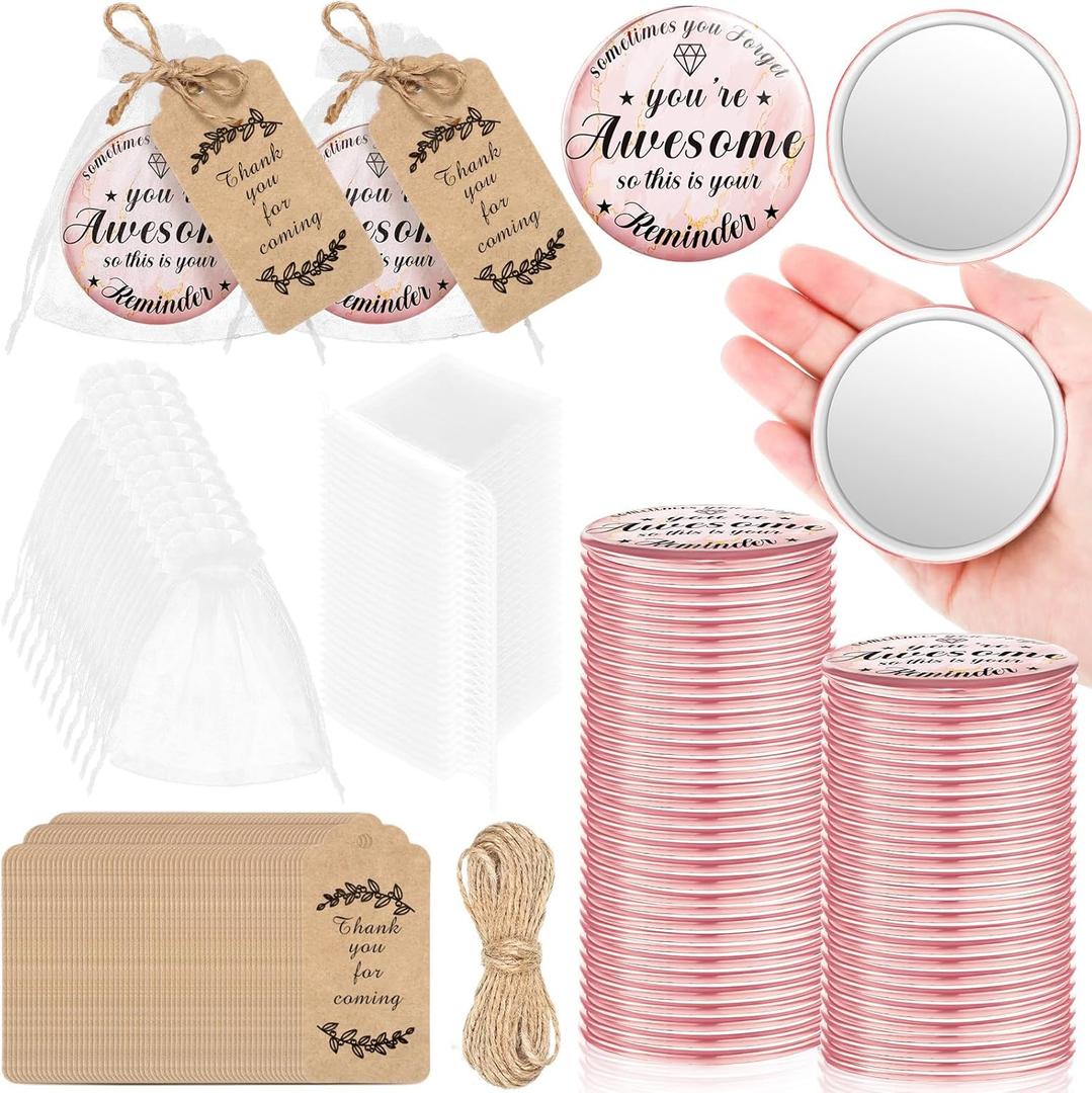 Tradder 50 Sets 2.76 Inch Inspirational Gifts Compact Mirrors Bulk Employee Appreciation Gifts Set Small Purse Pocket Round Makeup Mirrors for Mothers Day Women Coworker Nurse (Awesome)