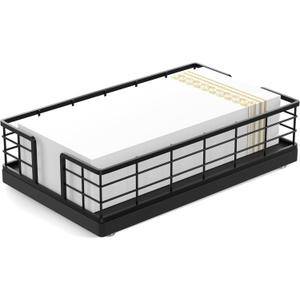 Wican Guest Towel Holder Tray for Bathroom, Oak and Iron Napkins Holder for Powder Room Dinning Table Wooden Basket for Disposable Paper Hand Towels Matte Black (9.06 x 5.51 x 2.56 inches)