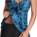 Yonique Women 2 Piece Flowy Tankini Swimsuits with Boyshorts V Neck Swim Tank Tops Bathing Suits Modest Swimwear (Medium, Blue Paisley)