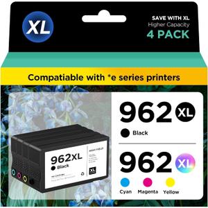 962xl 962 Ink Cartridges for HP OfficeJet Pro 9015e 9018e 9025e 9010e 9020e 9015 9018 9010 9020 9025 Series Printer, 962 XL High Yield Ink Cartridge Combo Pack 4 Pack (Black, Cyan, Magenta, Yellow)