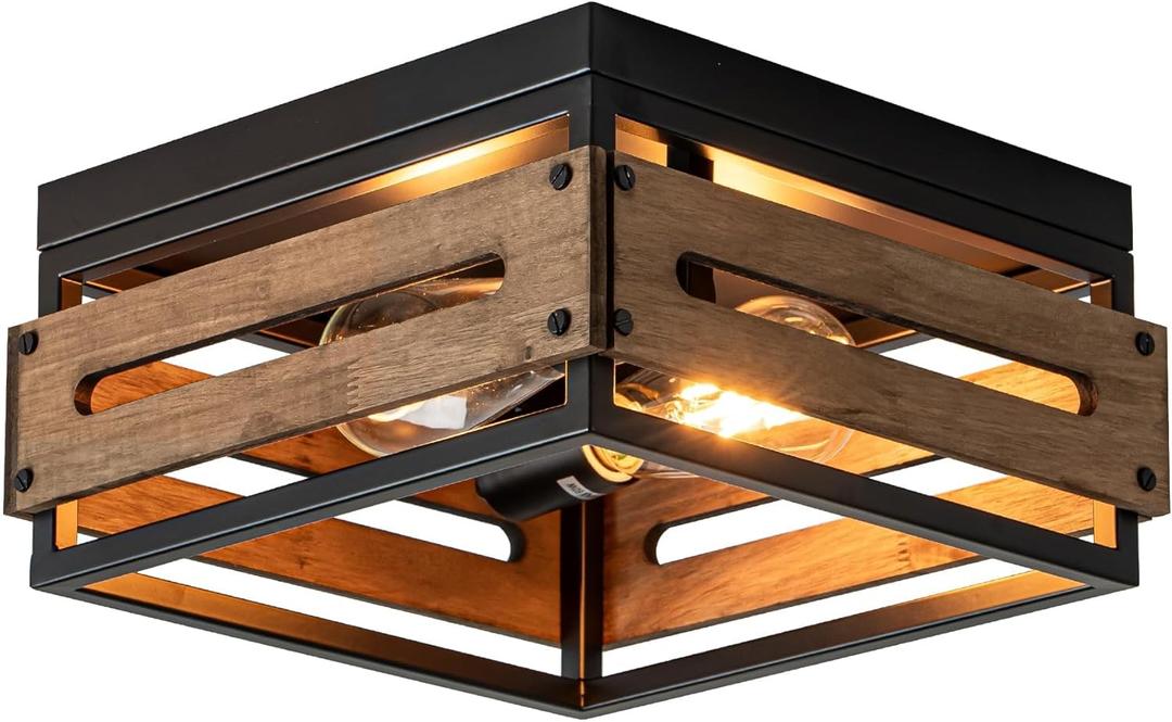 MAYNA Farmhouse Ceiling Light, 2-Light Rustic Flush Mount Ceiling Light with Metal and Wood, Farmhouse Hallway Light Fixtures for Kitchen Entryway Bedroom Dining Room (Brown)