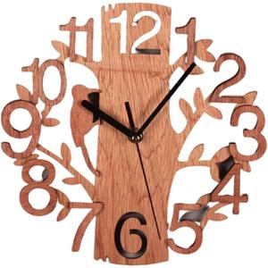 Wood Wall Clock, Tree Bird Round Wood Wall Clock Silent Non Ticking Clock Art Battery Operated Decorative Clock for Office Living Room Bedroom Decor, 23 x 23cm (Black)