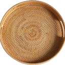 16.9" Round Rattan Tray, Hand Woven Serving Tray with Handles, Wicker Serving Basket, Decorative Tray for Home Decor, Natural