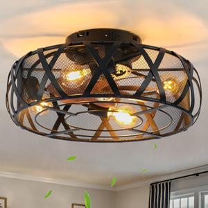 Caged Ceiling Fans with Lights Flush Mount,Low Profile Ceiling Fan with Remote,Enclosed Ceiling Fan for Bedroom Living Room,20"Smart Bladeless,6 Speeds Reversible Silent Fandalier(5 E26 bulb Include)