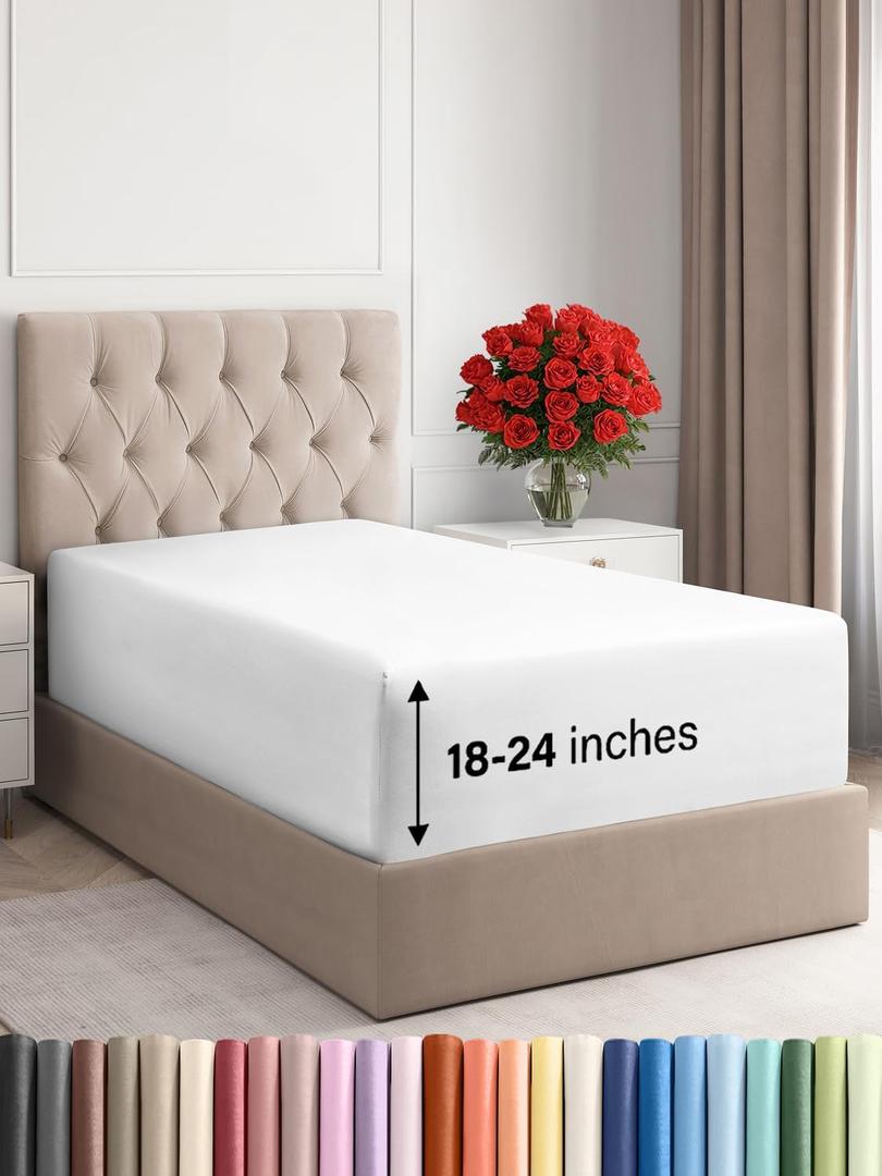 Extra Deep Twin XL Fitted Sheet - Hotel Luxury Single Fitted Sheet Only - Easily Fits 18 inch to 24 inch Mattress - Ultra Soft, Wrinkle & Fade Free w/Extra Deep Pockets - Breathable & Comfy - White
