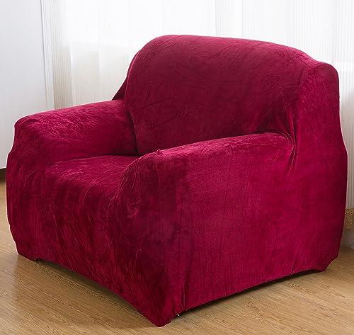 Vctops 1-Piece Velvet Plush Stretch Chair Sofa Slipcover Soft Fuzzy Fluffy Armchair Covers Non-Slip Furniture Protector with Elastic Bottom for Kids, Pet (Wine Red,Chair)