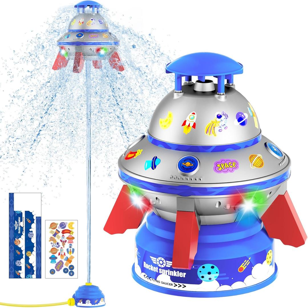 COCASES Water Sprinkler for Kids, UFO Water Rocket with Light for Kid, Outdoor Summer Kids Sprinkler Water Toy Play for Yard Backyard Pool Lawn Garden Birthday Gift for Boys Girls Ages 3-12 Year Old (Red)