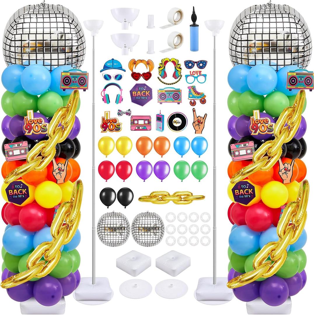 Gejoy 2 Set 80s 90s Balloon Column Stand Kit with 153 Pcs Disco Balloons 19 Pcs 80s 90s Cards 6.5 ft Adjustable Tower Pillar with Metal Telescopic for Disco Party Decorations