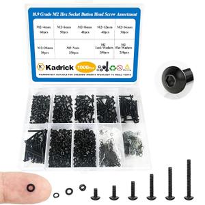 Kadrick 1000PCS M2 Screw Assortment kit,M2 Screws with Nuts and washers, Grade 10.9 Alloy Steel Hex Socket Button Head Black Bolts Nuts Kit,Lenth Form 4mm-20mm