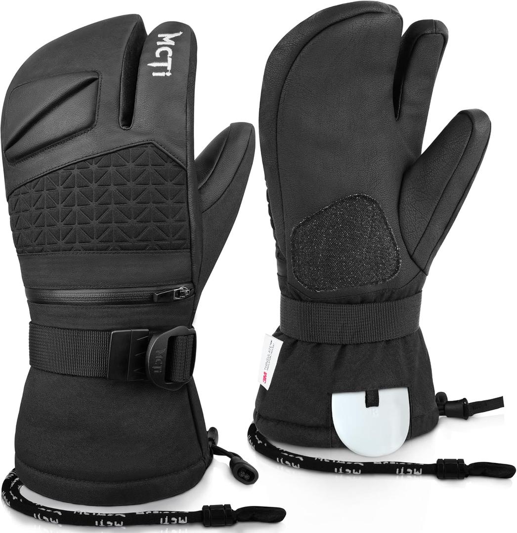 MCTi Snowboard Gloves with Wrist Guard 3-Finger Waterproof Mittens for Winter Snow Skiing (X-Large, Black)