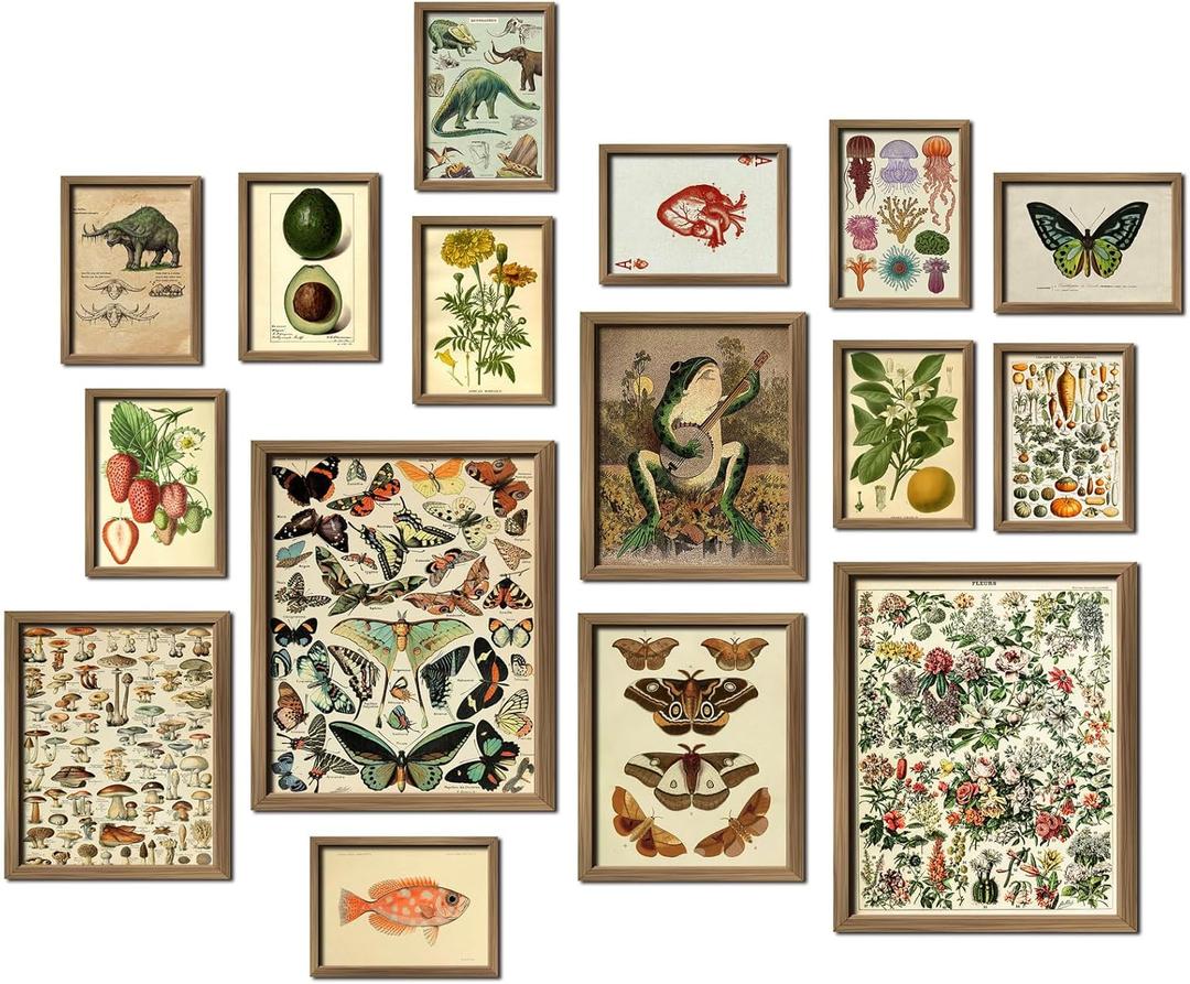 ANERZA 16 PCS Framed Vintage Wall Art Decor, Botanical Cottagecore Wall Prints for Bedroom, Gallery Wall Frame Set, Farmhouse Posters for Living Room Aesthetic, Rustic Dorm Home Collage Kit (12"x15" Framed, Drab)
