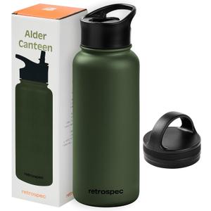 Retrospec Alder Insulated Water Bottle with Straw Lid & Handle Cap - Stainless Steel Wide Mouth Double-Wall Vacuum Insulated Thermos - BPA Free Leakproof Canteen (Olive Drab)