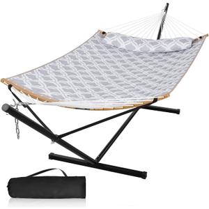 Large Hammock with 12FT Steel Stand, Freestanding Hammock with Curved Spreader Bar, Pillow and Portable Bag for Outside, Gray Ripples