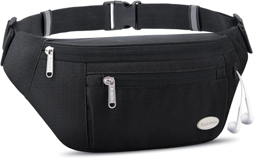 Entchin Fanny Pack for Women Men,Crossbody Belt Bag with 4-Zipper Pockets,Adjustable Waist Bag Pack,One of the Most Popular Travel Essential Gifts for Walking,Traveling,Cycling (Black)
