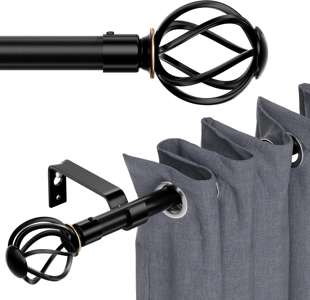 Curtain Rods for Windows 66 to 120, Black 120 inch Curtain Rod with Cage Finials, Adjustable Decorative Curtain Rods for Outdoor Patio, Sliding Glass Door, 10 ft Curtain Rod, 5/8" Diameter