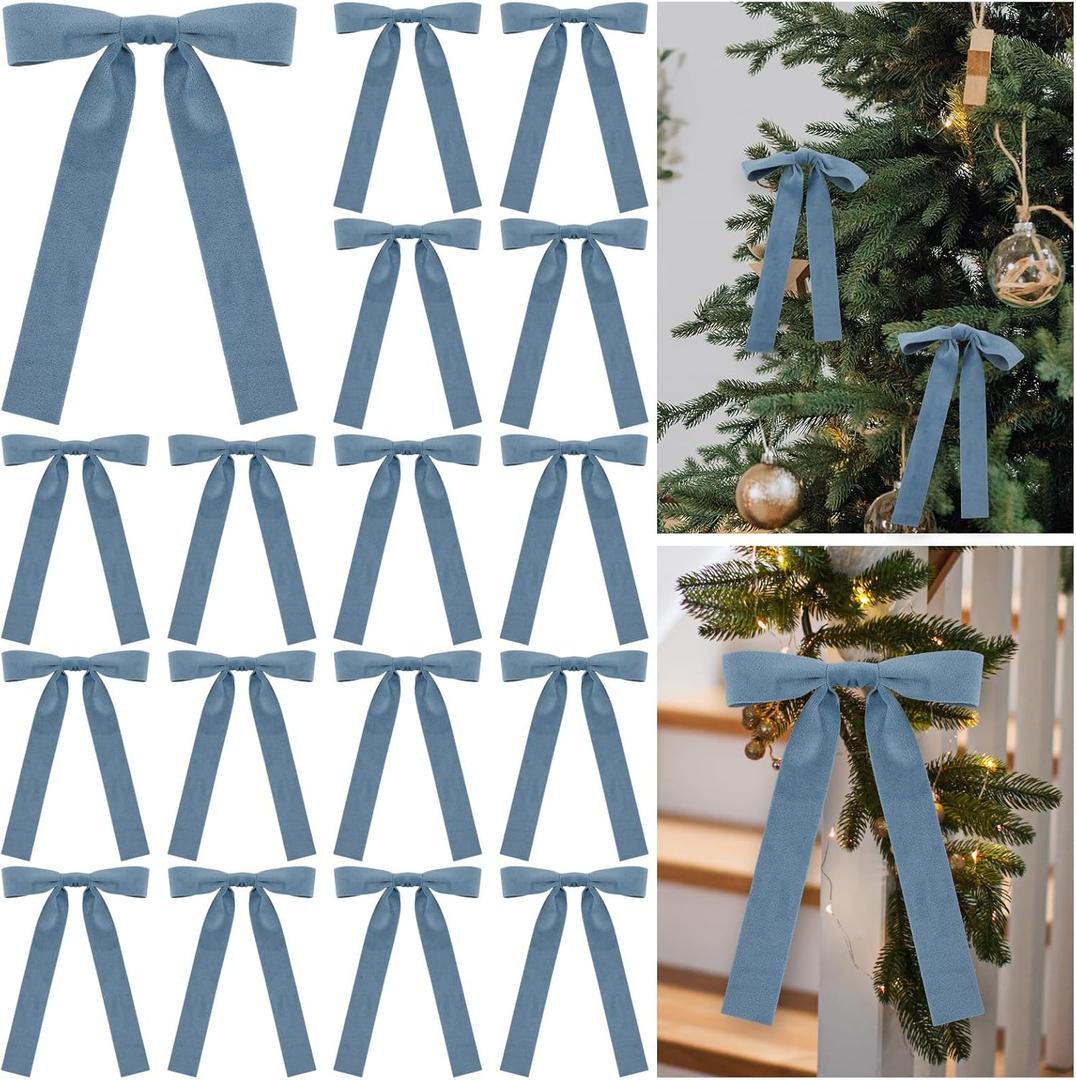 24 Pcs Velvet Bows Christmas Tree Ornaments Vintage Double Faced Velvet Ribbon Bows for Tree Garland Wreath Indoor Outdoor Xmas(5 x 7 Inch, Width of 1",Dusty Blue)