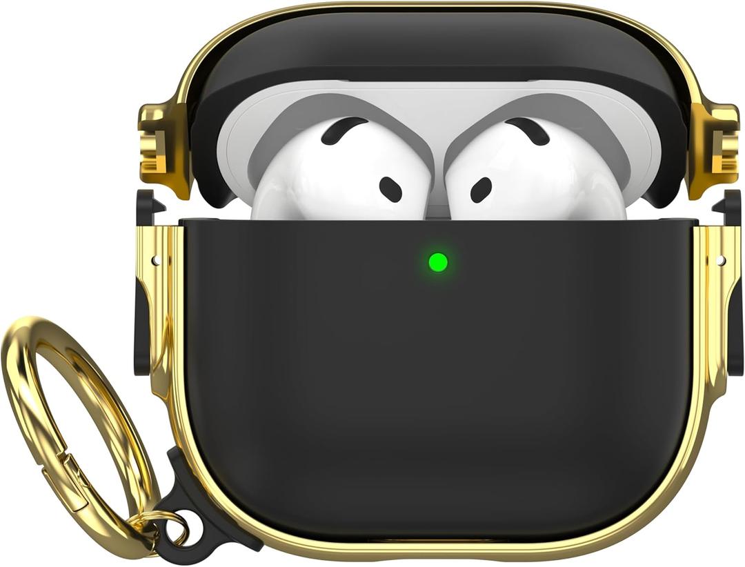 Maxjoy for AirPods 4 Case with Lock, Cute AirPods 4 Case Lock Protective Hard AirPod 4 Generation Cover for Women Men with Keychain Clip for AirPod 4th Generation Cover 2024, Black/Gold